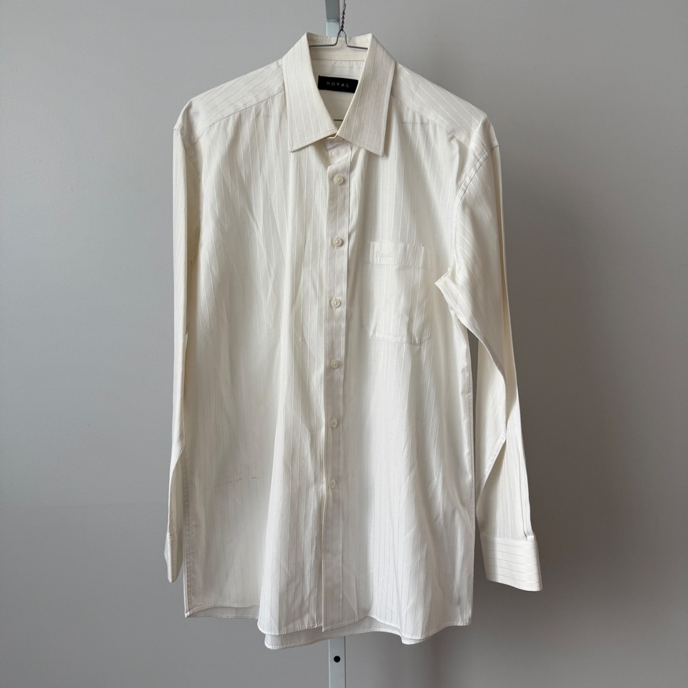 ROYAL Striped Dress Shirt Long Sleeve Button Up Formal Business L Casual White